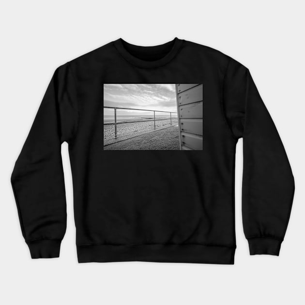 View from a wooden beach hut in the seaside town of Cromer, Norfolk Crewneck Sweatshirt by yackers1